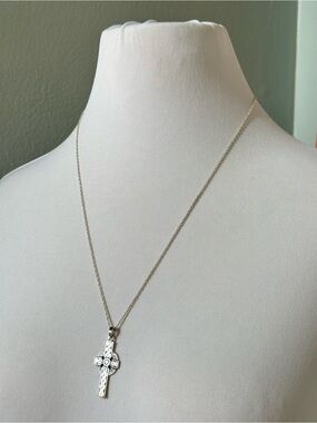 Sterling Silver 925 Teelin Celtic Cross Elongated Necklace Religious 24” Chain